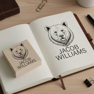 Caucho Cabeza de oso grabada con sello de arte en madera