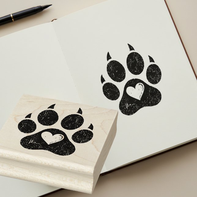 Caucho Corazón angustiado en garra de perro imprime sello (🐾❤️ Rustic grunge paw print stamp – perfect for crafts & journaling!)