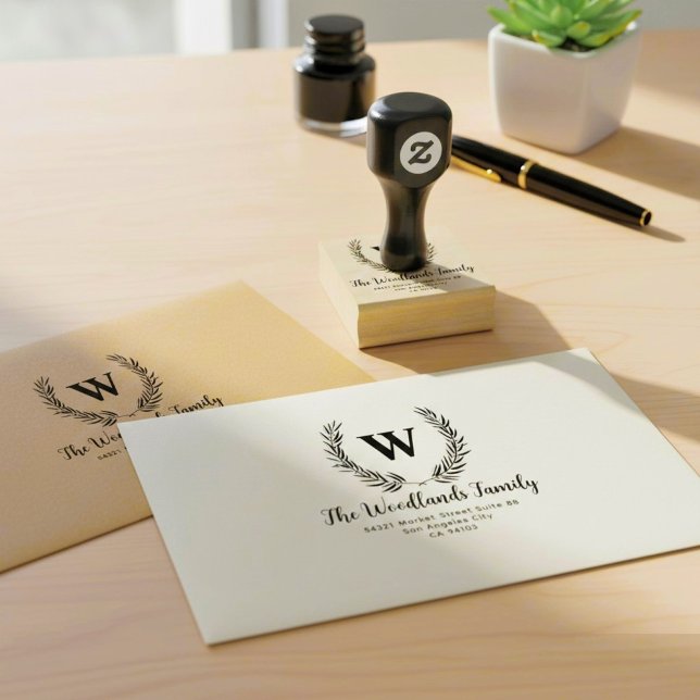 Caucho Crear apellido de familia, sello de monograma rúst (Return Address Labels & Personalized Address Stamps
)