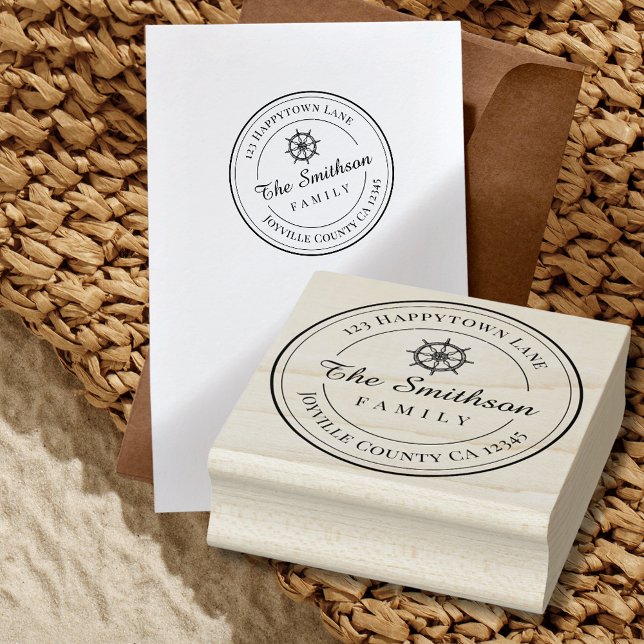 Caucho Dirección de devolución de familia náutica Sello d (Return Address Wood Art Stamp with nautical ship wheel graphic)