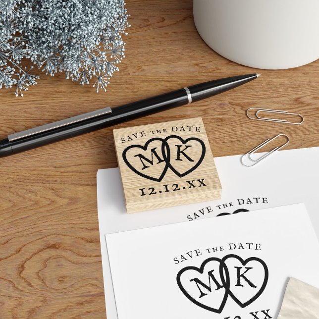 Caucho Guardar el sello de goma de Monograma Boda de DÍA (Add your initials and wedding date to this rustic entwined hearts Save the Date rubber stamp)