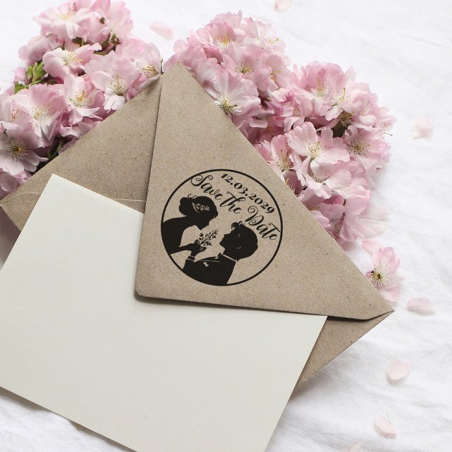 Caucho Guardar el sello de la boda con la pareja recién c (save the date stamp with custom date)