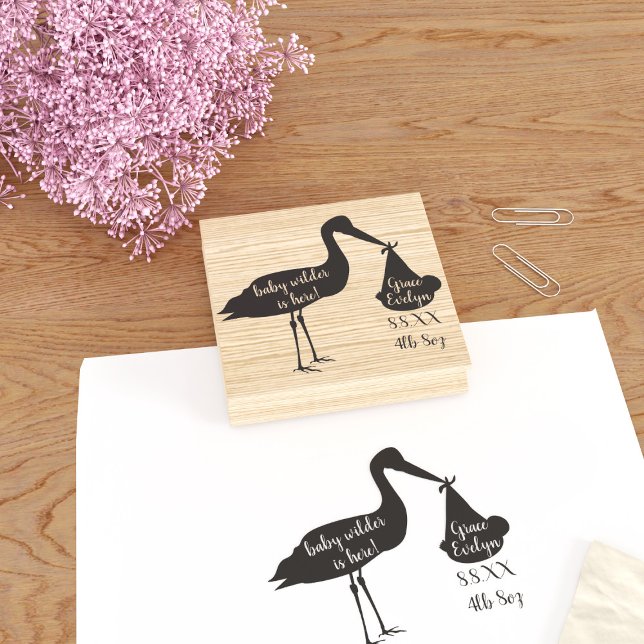 Caucho Nacimiento de cigüeña anuncio sello de goma (Celebrate the arrival of your baby bundle with this cute stork rubber stamp. Add your birth stats!)