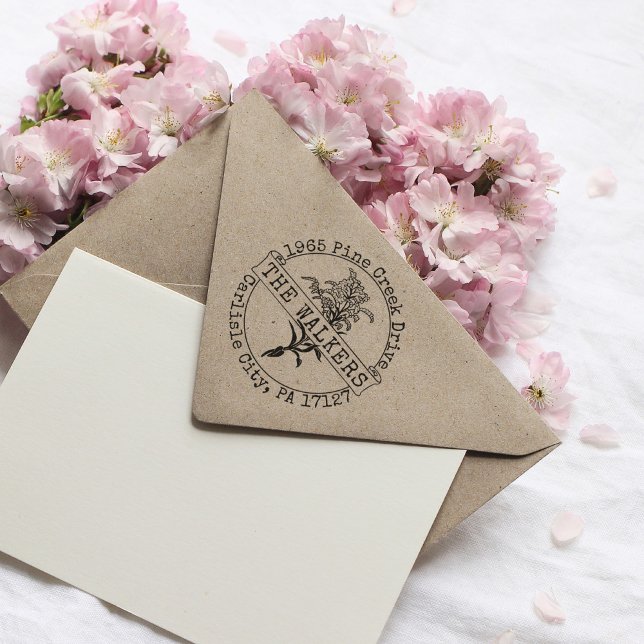 Caucho Nombre de familia de Personalizado floral Sello de (floral circle stamp with family name and address on the craft envelope)