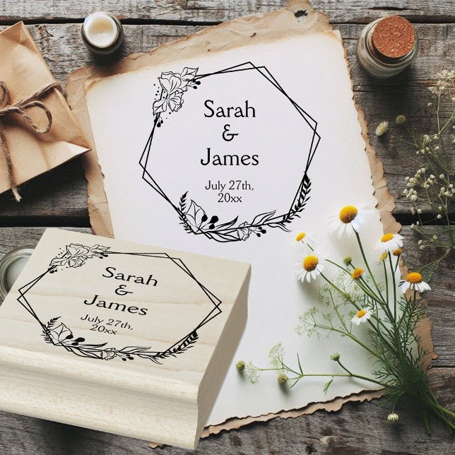 Caucho Nombres geométricos románticos Boda Fecha Sello de (Rustic geometric wedding rubber stamp.)