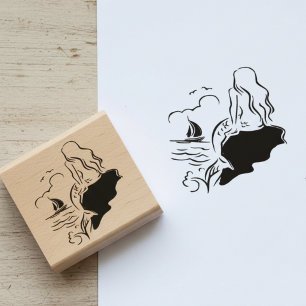 Caucho Sello de arte de madera de sirena y velero