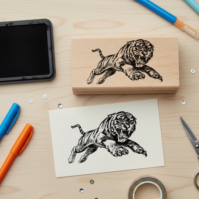 Caucho Sello de arte de madera de tigre poderoso (Mighty roaring tiger wooden art stamp.)