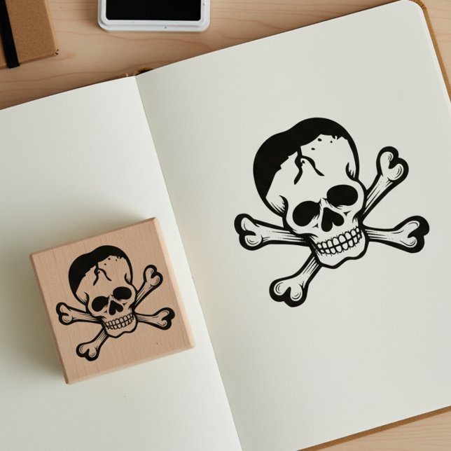 Caucho Sello de arte de madera Jolly Roger de calavera y  (Skull and crossbones wooden art stamp.)