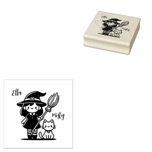 Caucho Sello de Bruja y Gato - Personalizar con sus nombr