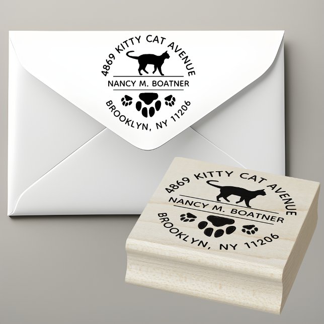 Caucho Sello de dirección de devolución redondo para aman (Purr-fectly Personalized: Cat Lover's Round Address Stamp 🐱🐾)