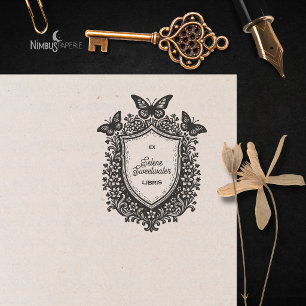 Caucho Sello de Ex Libris de Escudo Botánico Rústico