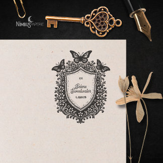 Caucho Sello de Ex Libris de Escudo Botánico Rústico