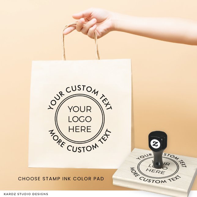 Caucho Sello de goma con texto personalizado para logotip (The stamp shown is 4x5 inches. Choose a size and an optional color ink pad.)