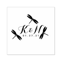 Sello de goma de boda logotipo inicial de libélula
