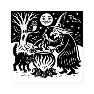 Caucho Sello de goma de bruja y gato de Halloween vintage