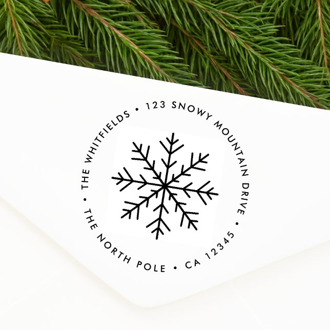 Caucho Sello de goma de dirección de devolución | Copo de (Simple Christmas snowflake round return address stamp for holiday cards & seasonal parcel mailing)