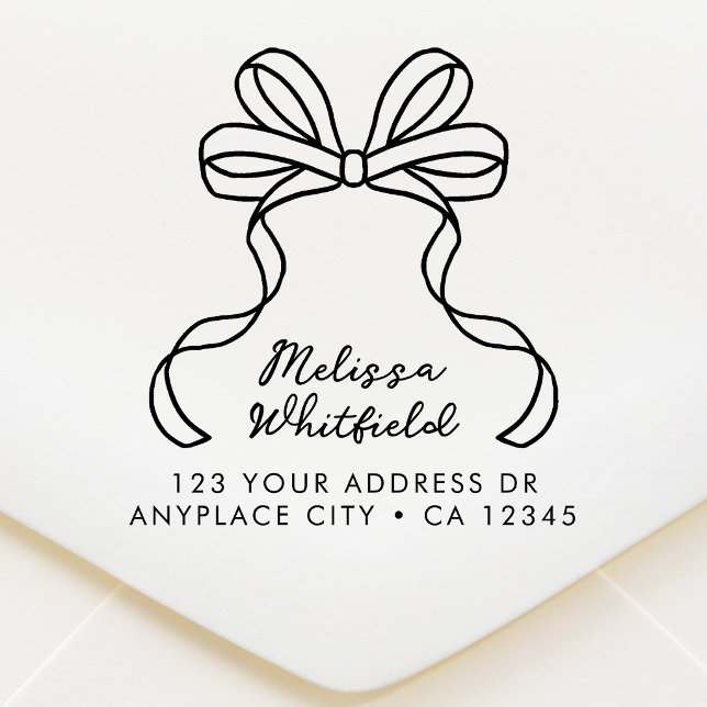 Caucho Sello de goma de dirección de devolución | Lazo de (A feminine return address stamp with pretty coquette ribbon bow line art design.)