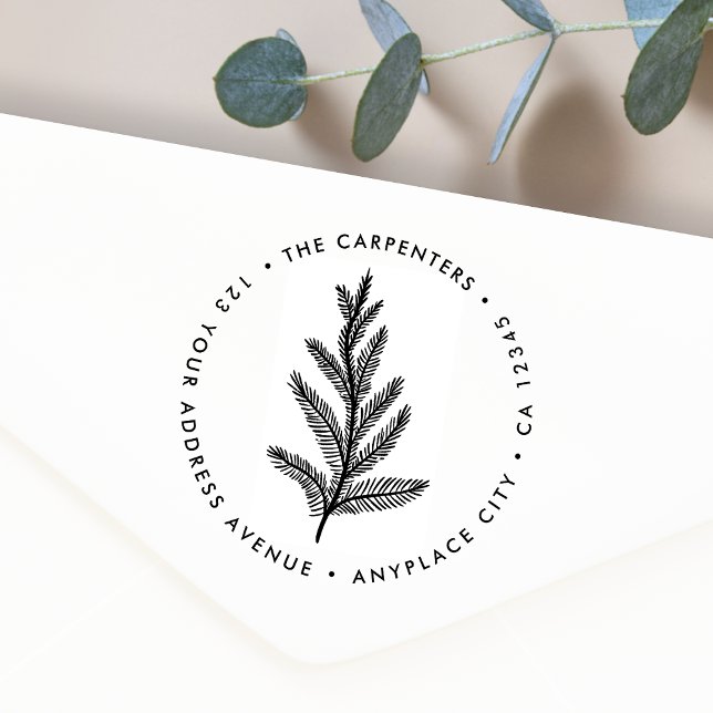 Caucho Sello de goma de dirección de devolución | Rama de (Round fir branch illustration return address rubber stamp for everyday and seasonal mailing)
