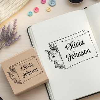 Caucho Sello de madera con nombre de firma de gato lindo 