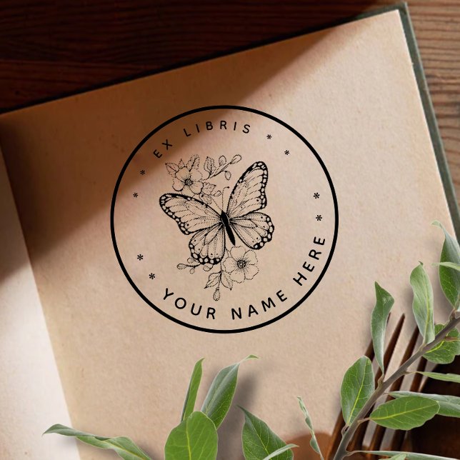Caucho Sello Floral de mariposa ex libris (Subido por el creador)
