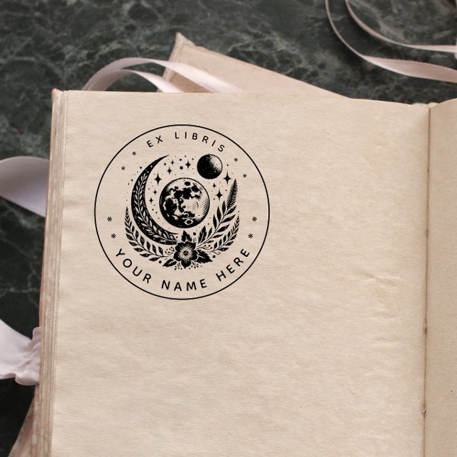 Caucho Sello redondo floral de luna ex libris (Subido por el creador)