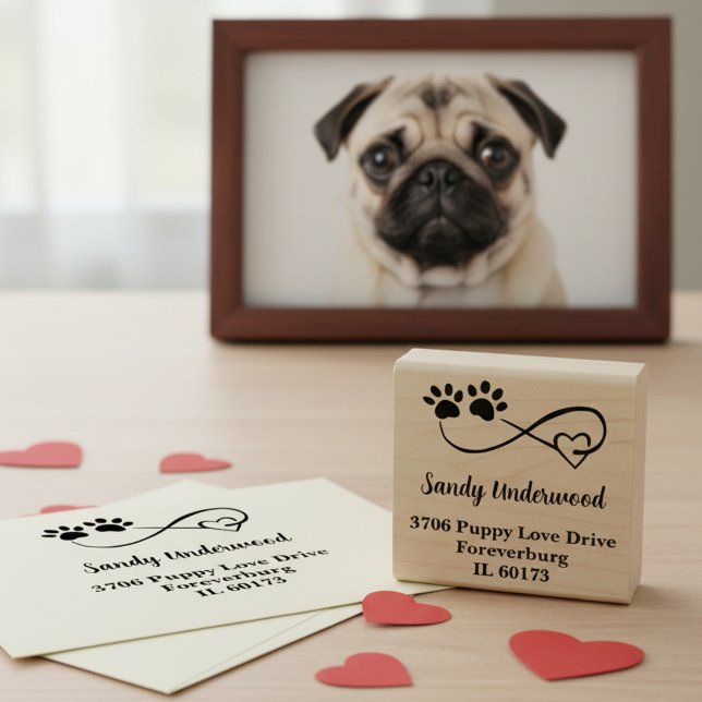 Caucho Símbolo de Infinito Corazón y Huellas Sello de Dir (Infinity paws and heart return address stamp -timeless way to send love from you and your pets 🐾❤️)