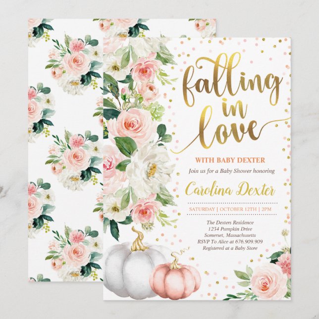 Cayendo Enamorada Invitación Baby Shower Oro Rosa (Anverso / Reverso)