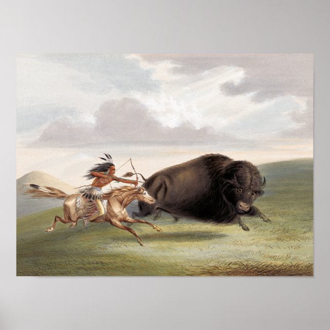 Caza de Búfalos, Persecución (1884) arte cromolito (Frente)