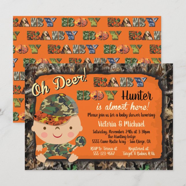 Caza de camo invitaciones a la ducha para bebés (Anverso / Reverso)
