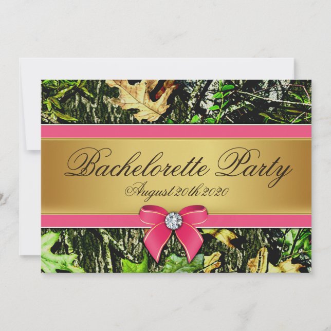 Caza rosa Camo Bachelorette invitaciones a la fies (Anverso)