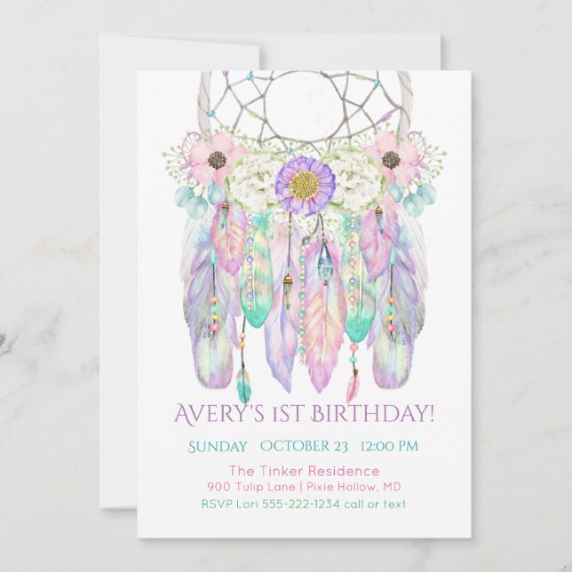 Cazador de Sueños Invitación Boho Plumas Flechas (Anverso)