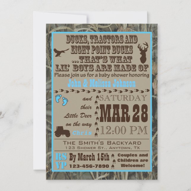 Cazando Camo Baby Boy Invitaciones a Blue Trac (Anverso)