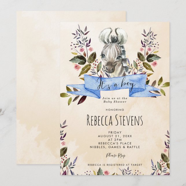 cebra cachorro niño florido invitación a la ducha  (Anverso / Reverso)