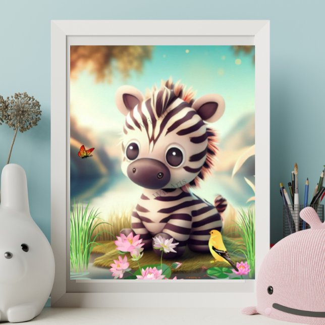 Cebra cuta cerca de un estanque con flores y arte  (Subido por el creador)