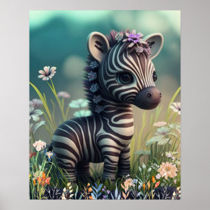 Cebrita bebé linda en el jardín de flores de arte