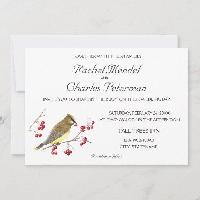 Cedar Waxwing Bird Art Wedding Invitación (Anverso)