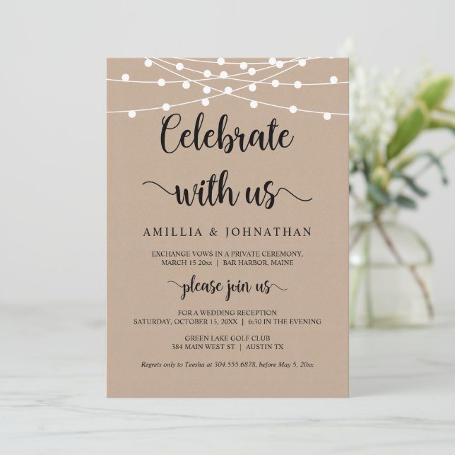 Celebra con nosotros, invitación de boda de fuga r (Anverso de pie)