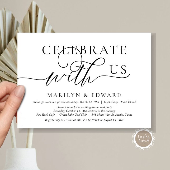 Celebra con nosotros, invitación de boda para una  (Celebrate with us, Wedding Elopement Party Invitation Card, Modern Romantic, Black and White themed.)