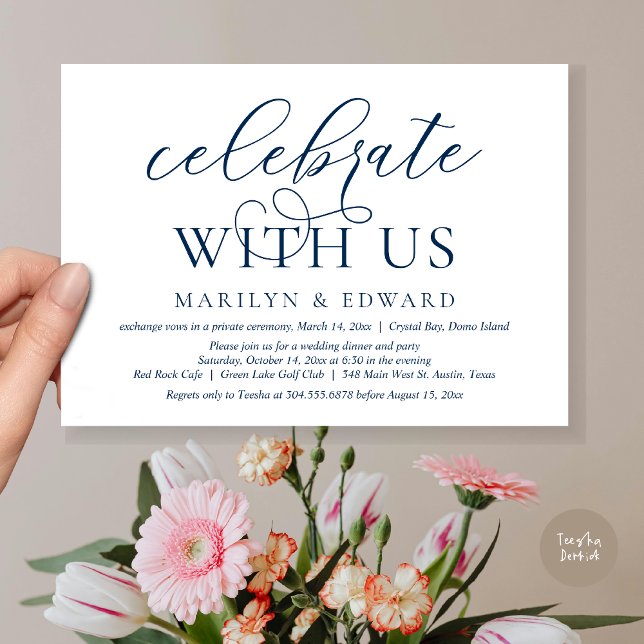 Celebra con nosotros, Invitación de bodas para una (Celebrate With Us, Modern Wedding Dinner Invitation Card, PDF, in Navy Blue)
