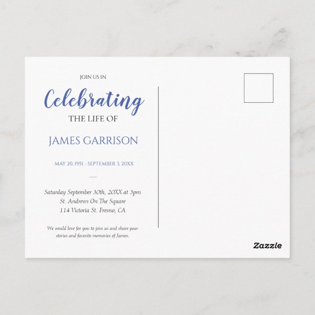 Celebración azul de la vida con invitación a funer (Reverso)