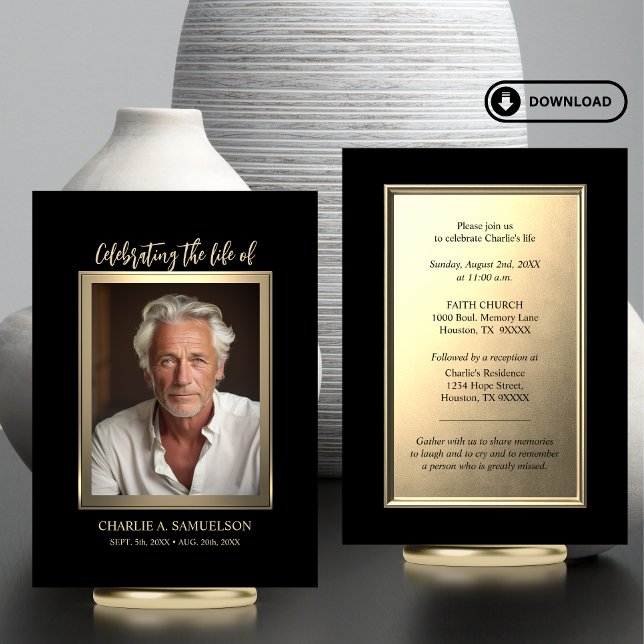 Celebración de la invitación a la FOTO negra de or (Modern Celebration of Life Gold Black PHOTO Card | Elegant for men (masculine))