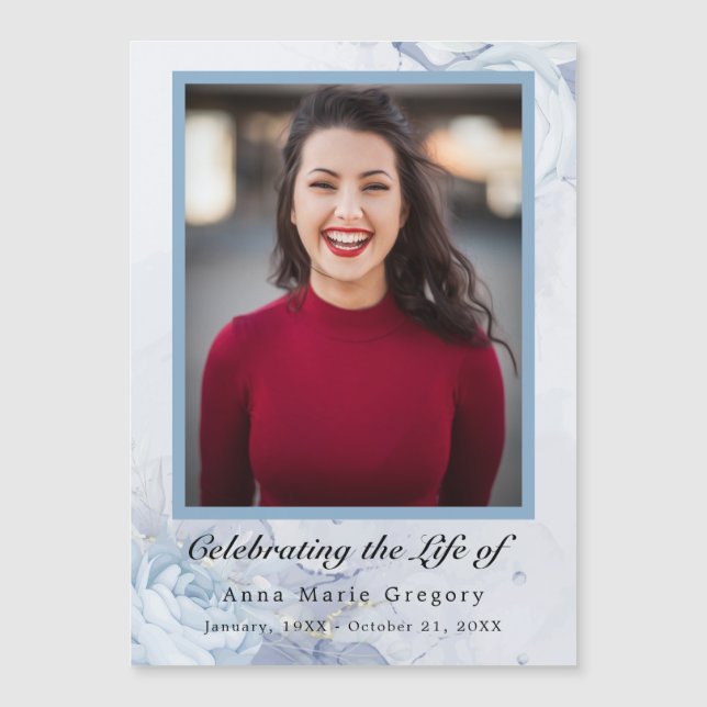 Celebración de la Vida Azul Foto Elegante Floral (Anverso)