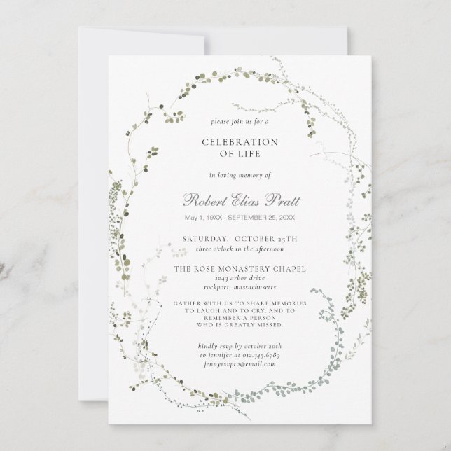 Celebración de la vida Invitación botánica funerar (Anverso)