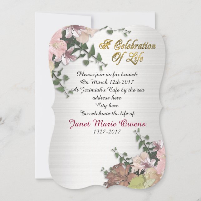 Celebración de la vida Invitación flores e hiedra (Anverso)