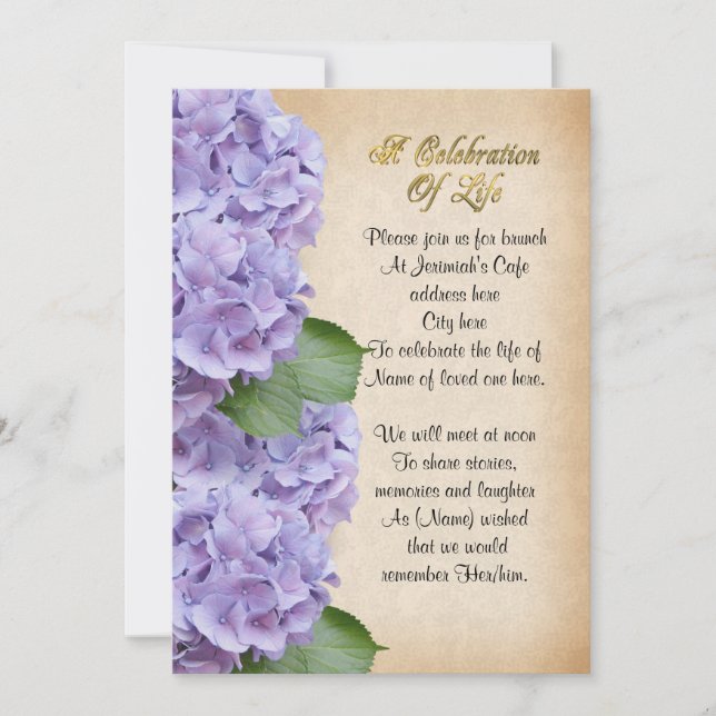 Celebración de la vida Invitación hidrangea (Anverso)