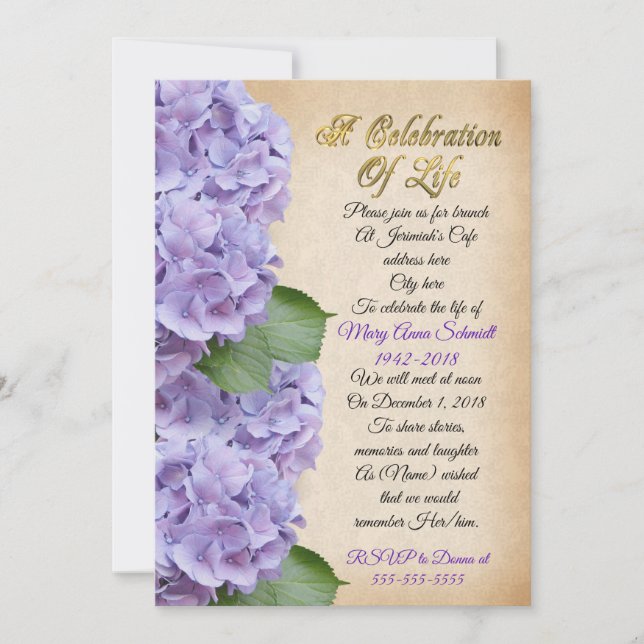 Celebración de la vida Invitación hidrangea (Anverso)