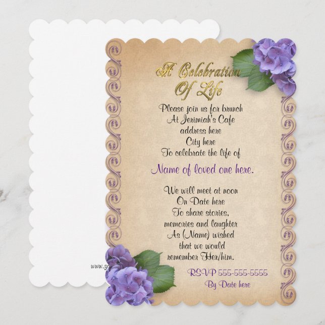 Celebración de la vida Invitación hidrangea floral (Anverso / Reverso)