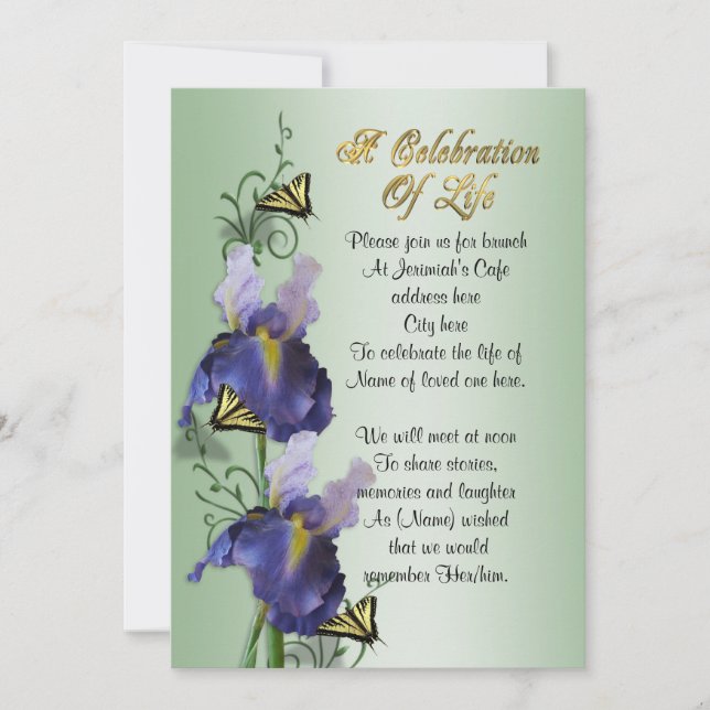 Celebración de la vida Invitación Iris y mariposa (Anverso)