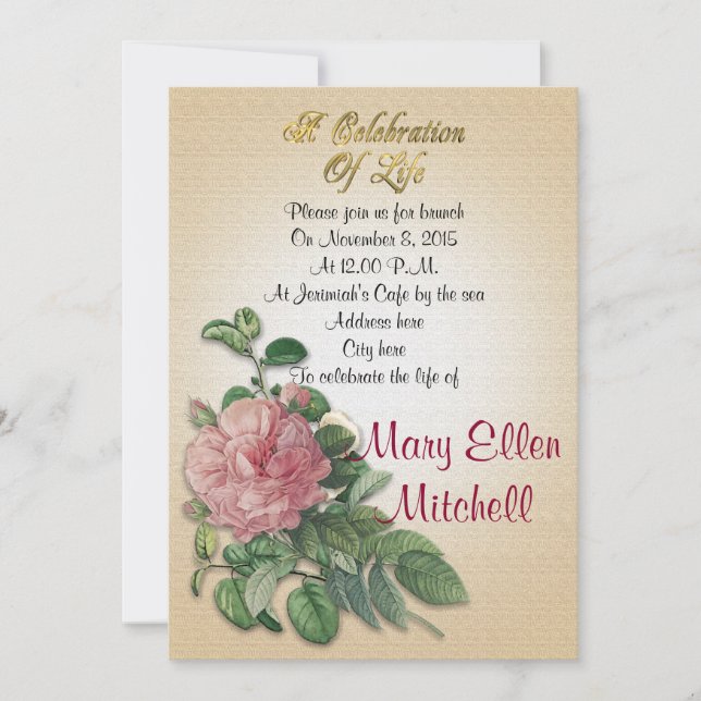 Celebración de la vida Invitación rosa vintage (Anverso)