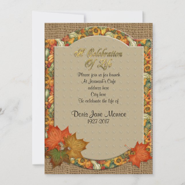 Celebración de la vida Invitación Tema del otoño (Anverso)
